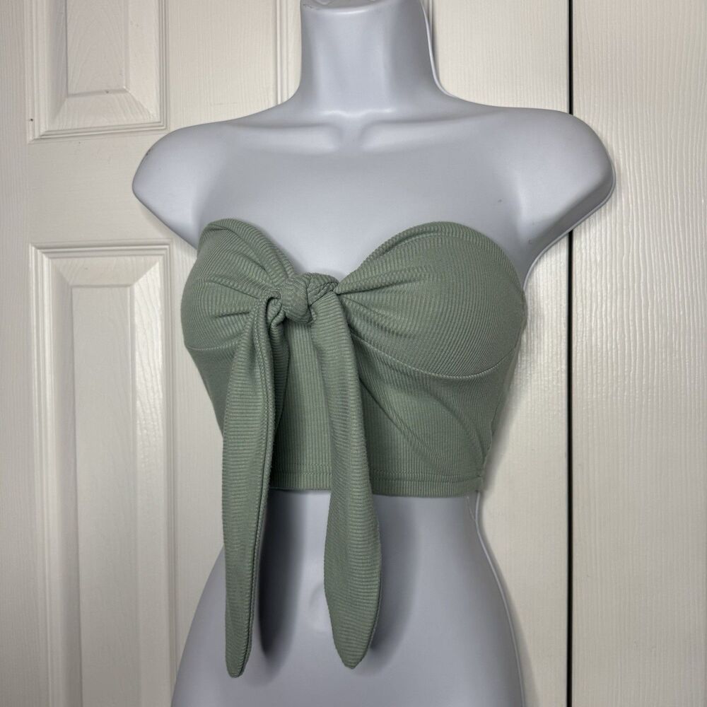 Shein Size XS Ribbed Tie Front Strapless Crop Top Sage Green